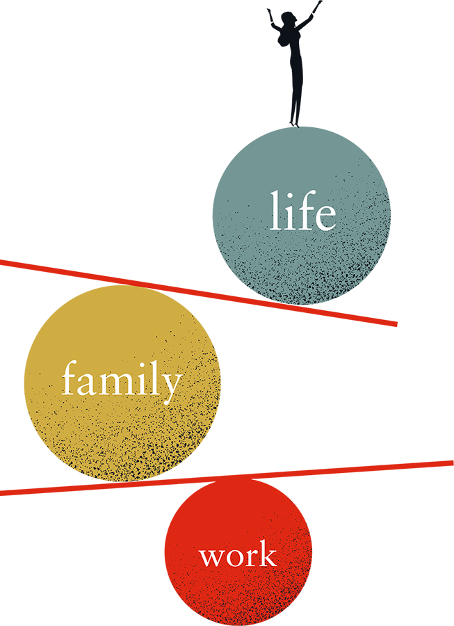 Illustration of a girl standing on a giant blue ball that says life with a gold ball saying family and a red ball saying work underneath separated by red angled lines