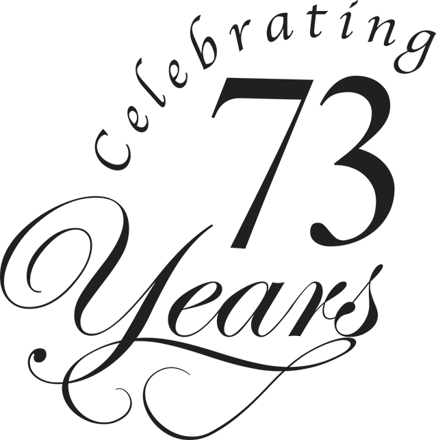 Celebrating 73 Years graphic in black script type