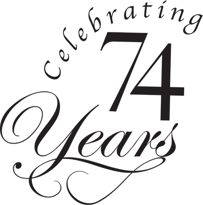 Celebrating 74 Years graphic in black script type